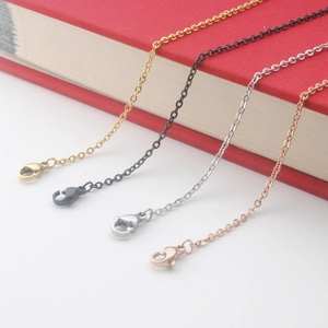 Detail of stainless steel O-chains with lobster clasps in gold, black, silver, and rose gold