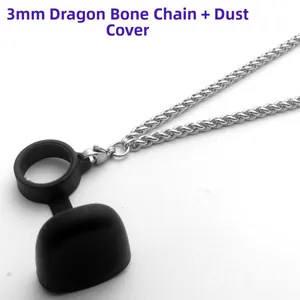 Detailed view of a 3mm silver dragon bone chain with a black silicone protective dust cover