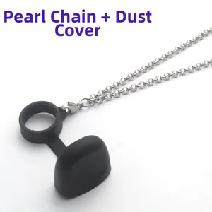 Detail view of silver O-chain with black silicone dust cover and metal lobster clasp