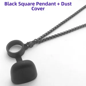 Detail of black stainless steel lanyard chain with silicone dust cover cap