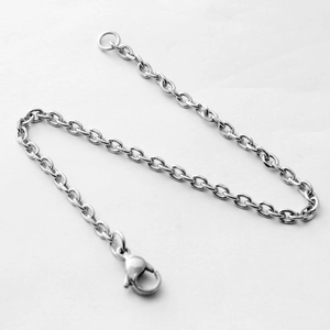 Macro-opname van zilveren roestvrijstalen schakelketting met een stevige karabijnsluiting