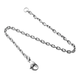 Stijlvolle zilveren roestvrijstalen schakelarmband met karabijnsluiting op witte basis