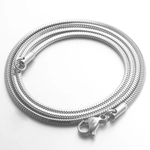 Polished silver stainless steel snake chain necklace with lobster clasp on white background
