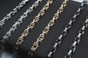 Byzantine style stainless steel men's bracelets in silver, gold, and black finishes
