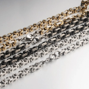 Polished Byzantine box chain bracelets for men in silver, gold, and black steel finishes