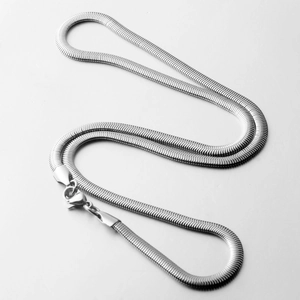 Close-up of flat silver snake chain necklace showing polished metal texture and lobster clasp