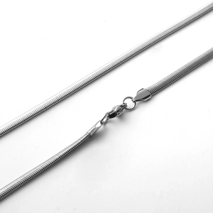 Detailed view of silver flat snake chain necklace with a secure lobster clasp