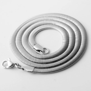 Close-up of a silver flat snake chain necklace with lobster clasp and scale texture
