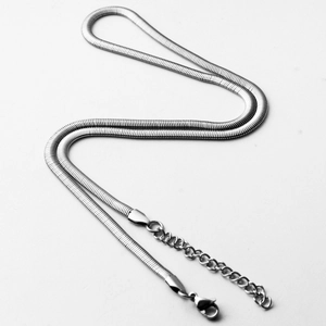 Detailed close-up of flexible silver snake chain with adjustable clasp and lobster hook