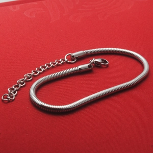 Vue détaillée d'un bracelet maille serpent en acier argenté avec fermoir mousqueton et extension