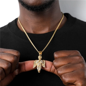 18K gold plated stainless steel hip hop necklace with iced out angel pendant on model