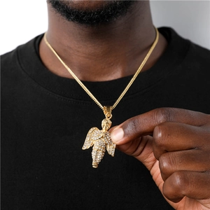 Hip Hop Stainless Steel Gold Plated Angel Pendant Necklace For Men Shiny Rhinestone Inlaid Praying Angel Jewelry Accessory