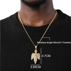 Gold plated 18K stainless steel angel pendant necklace with shimmering crystals for men