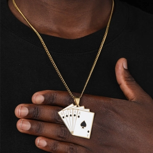 Hip Hop Ανοξείδωτο Ατσάλι Royal Flush Πόκερ Μενταγιόν Κολιέ Χρυσό Μπαστούνι 10 J Q K A Σμάλτο Κοσμήματα για Άνδρες Γυναίκες