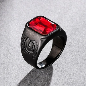 Men's punk black stainless steel ring with rectangle red ruby and relief details