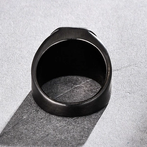 Men's square punk ring in black matte stainless steel with a minimalist industrial style