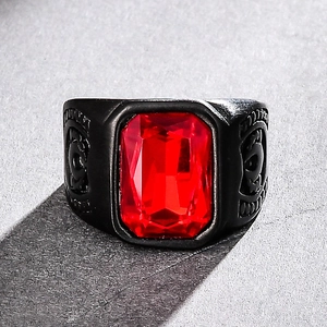 Punk Stainless Steel Ring For Men Square Red Synthetic Ruby Vintage IP Black Plated Retro Fashion Jewelry Finger Ring