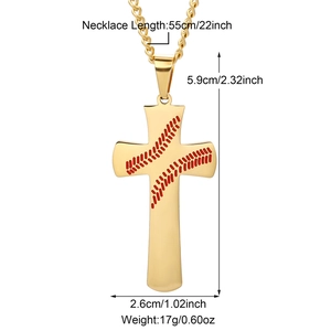Collier croix en acier inoxydable doré avec motifs de baseball rouges et chaîne de 55cm