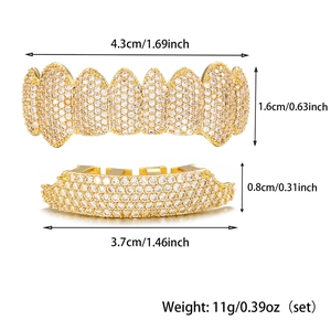 Detailed size chart for golden hip-hop grillz with iced-out zircon pave setting