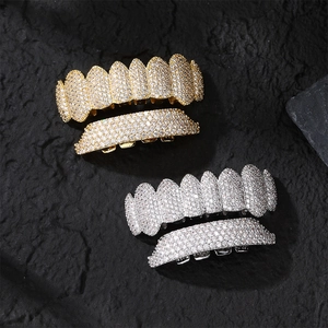 Hip Hop Eight Teeth Grillz Gold Silver Plated Copper Rhinestone Teeth Grillz Set For Men Women Party Jewelry Accessories Gift