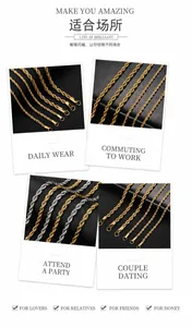 Detailed views of gold and silver stainless steel rope chains in various thicknesses