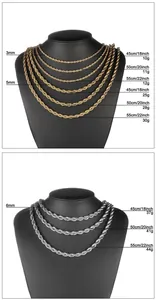 Size chart showing 3mm, 5mm, 6mm gold and silver twist chains with length and weight details