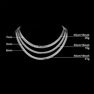 Flat Cuban link necklace sizes detail showing 5mm, 6mm, and 7mm widths in stainless steel