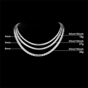 Detail view of 4mm 5mm and 6mm stainless steel flat embossed Cuban chains on neck model