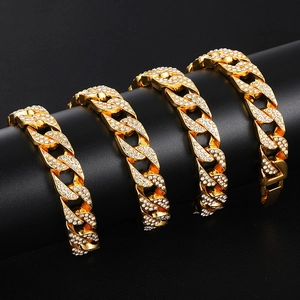 Iced out gold Cuban link bracelet for hip hop style with sparkling pavé rhinestones