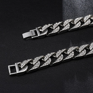 Luxurious iced out silver Cuban chain bracelet with micro paved zircon stones on black leather