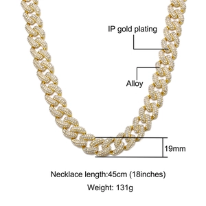 Collana Cuban Link da 19mm placcata in oro con strass stile hip hop unisex