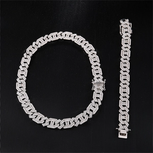 Iced out koperen ruitvormige Cubaanse ketting en armband set met zirkonia stenen