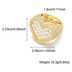 Detailed dimensions of iced-out heart ring with 2.23cm height and 2.58cm width measurements