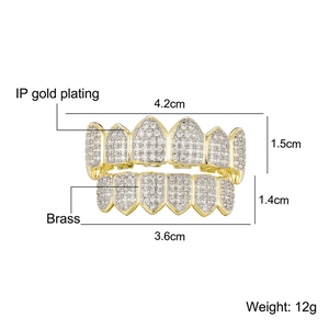 Hip hop gold plated brass grillz set with sparkling cubic zirconia and dimensions
