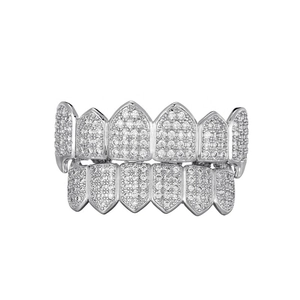 Hip hop silver grillz set with cubic zirconia stones for top and bottom teeth jewelry