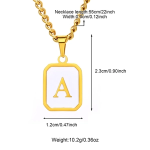 Detail of gold-plated square initial A necklace with size labels and chain measurements