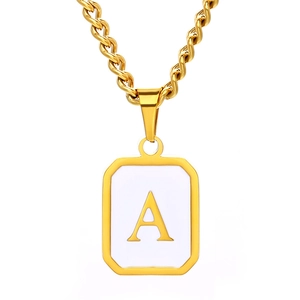 Golden stainless steel necklace featuring a square pendant with letter A on rope chain