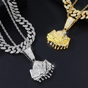 Iced-out Dollar-Anhänger-Halskette mit kubanischer Kette in Gold- und Silbertönen