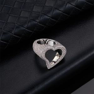 Bague Hip Hop Tendance En Cuivre Forme Cœur Ajouré Pour Femme Incrusté De Zirconium Or Argent Bijoux De Mode