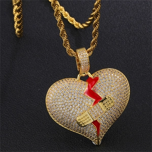 Hip Hop Gebrochenes Herz Anhänger Halskette Kupfer Strass Pflaster Design Schmuck Für Herren Damen Kordelkette