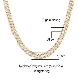 Macro-detail van de 10 mm vergulde Cubaanse ketting met afmetingen en materiaalspecificaties