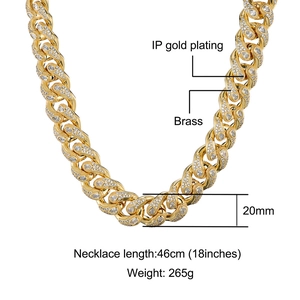 20mm gold-plated brass Cuban chain necklace with sparkling zircon pavé for hip hop style
