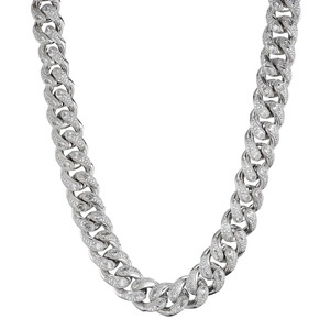 Silver tone Cuban link chain necklace with teardrop patterns and sparkling cubic zirconia
