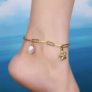 Bohemian Stainless Steel Gold Plated Starfish Shell Conch Anklet For Women Paperclip Chain Beach Vacation Ocean Foot Jewelry