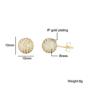 Sparkling 10mm pavé zircon ball stud earrings in 18k gold plated brass for women