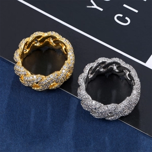 Anelli a catena cubana hip-hop in oro e argento con pavé di cristalli di zircone