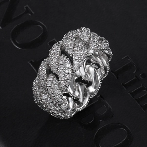 Anello a catena cubana vintage con pavé di zirconi e finitura argentata stile hip-hop