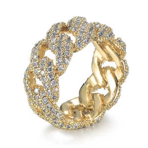 Anello catena cubana placcato oro 18 carati con zirconi incastonati stile hip hop
