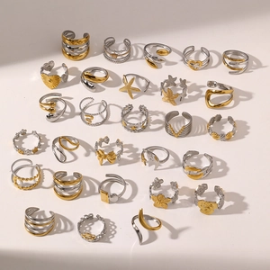 Fashion Stainless Steel Open Ring For Women Gold Silver Two Tone Adjustable Flower Star Moon Geometric Jewelry Finger Ring