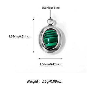 Detail view of 18K gold stainless steel oval pendant with green malachite stone and size info